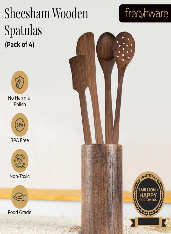 أدوات فرنسية ملاعق وملاعق مسطحة من خشب الشيشام النقي من فرنش وير (مجموعة من 4 قطع، بني) لأواني الطهي غير اللاصقة، تُستخدم للطهي والخبز والخلط، بتصميم سلس - Image 2